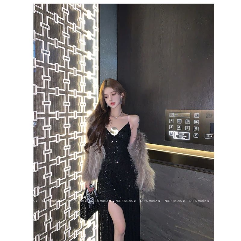 【年会焦点】春季新款亮片黑色连衣裙女性感修身V领侧开叉年会裙女