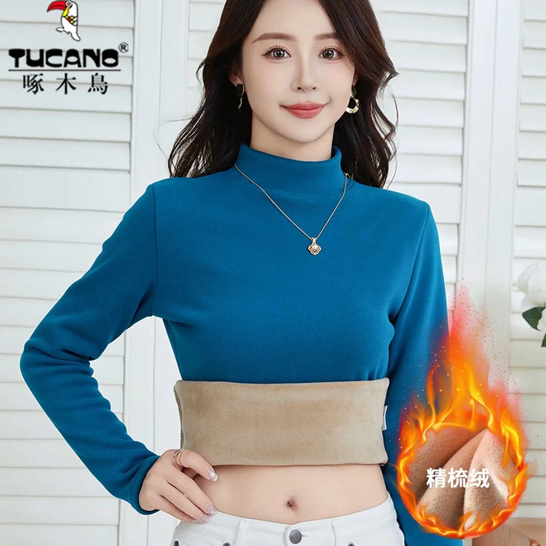 啄木鸟半高领加绒毛衣女加厚一体绒修身内搭秋冬大码中领保暖打底