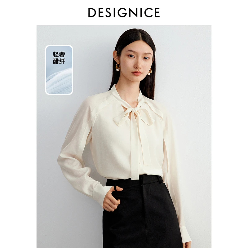 迪赛尼斯春秋通勤气质优雅醋酸雪纺上衣长袖飘带衬衫女
