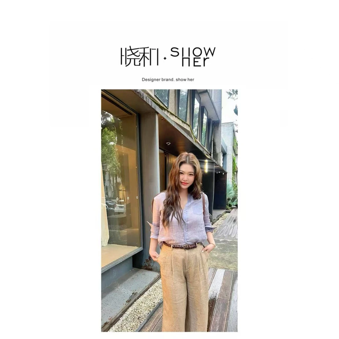 SHOW HER【薰衣草】‘’100%苎麻‘’天然定染贝壳扣水洗翻领衬衫