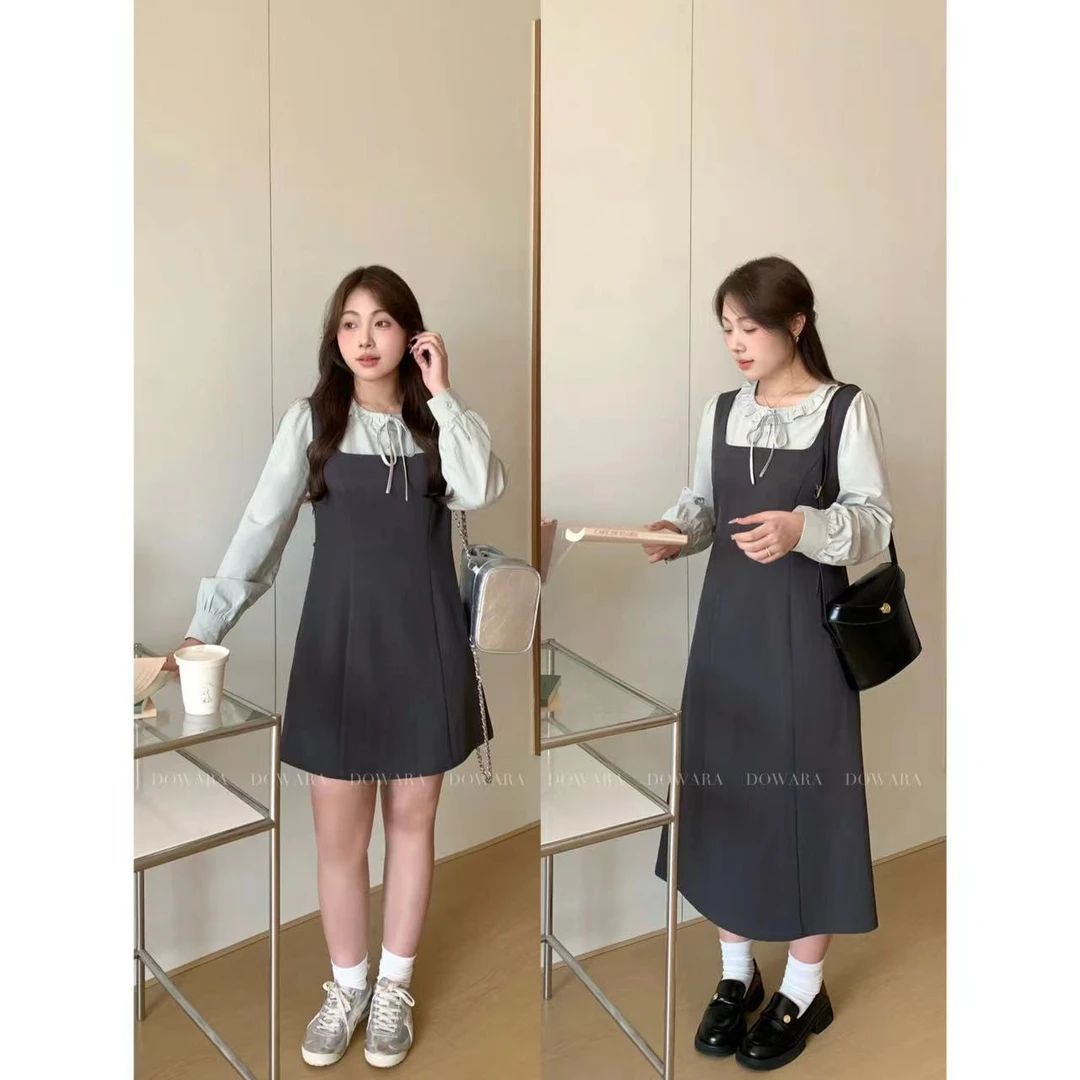 现货5283D大婉酱肉肉微胖定制【青柠薄荷】假两件学院风连衣裙