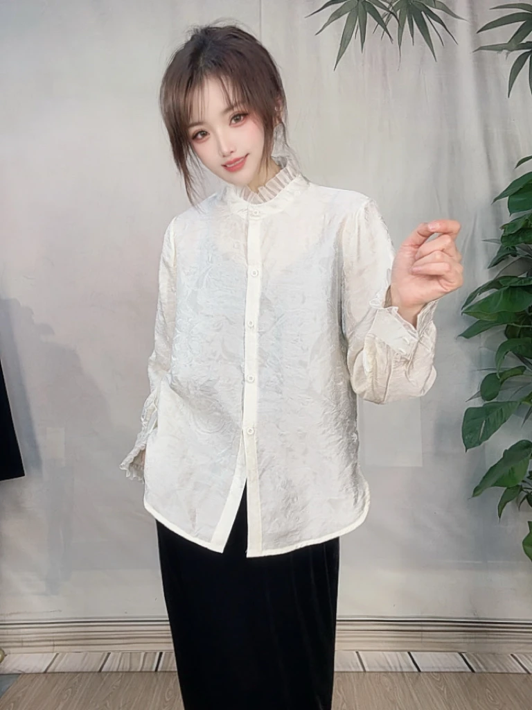 早秋新款新中式休闲风时尚百搭立领提花气质长袖衬衫
