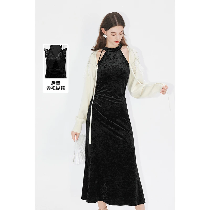 missCOCOON【凤羽雀翎系列】春新款黑色系带礼服蝴蝶结连衣裙