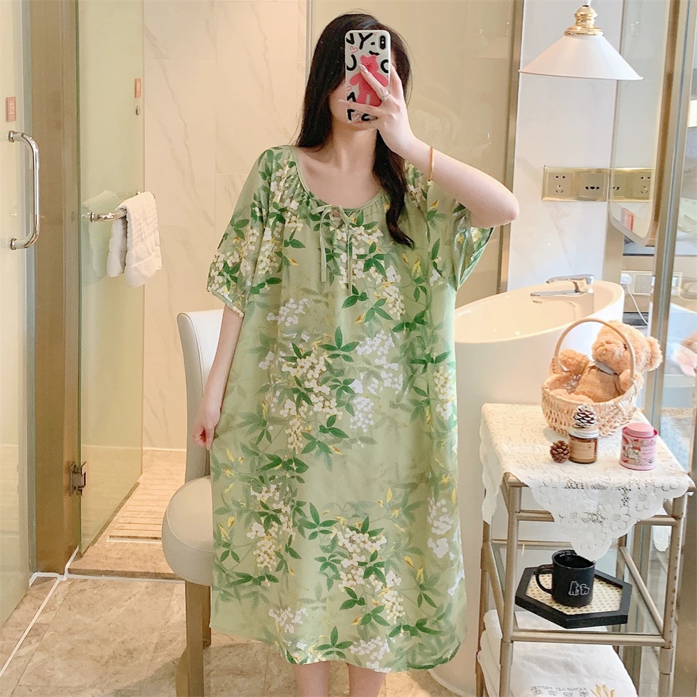 睡裙女棉绸大码夏季宽松韩版甜美中长款薄款简约高级感少女家居服