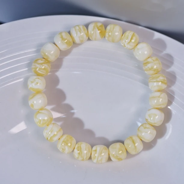 同料10mm俄料保真原矿天然瓷白花蜡金线细纹虎皮文玩老型蜜蜡手串