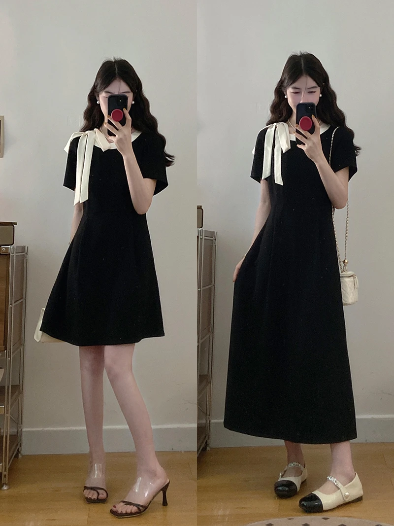 Q夏款大码女时尚优雅撞色蝴蝶结收腰长短款连衣裙 22600+22547