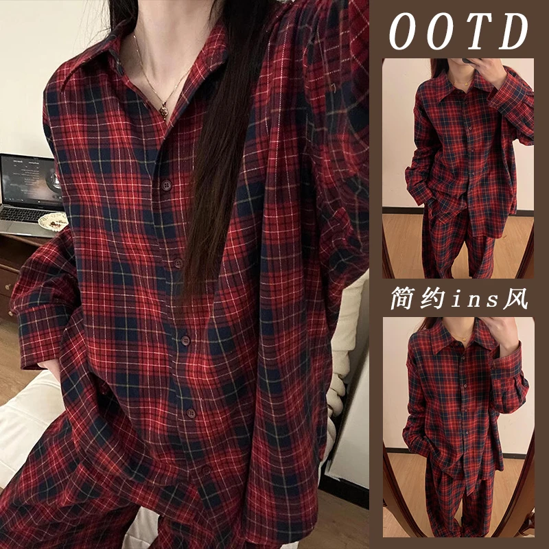 ins风格子长袖睡衣女秋季简约韩版宽松少女翻领可外穿家居服套装
