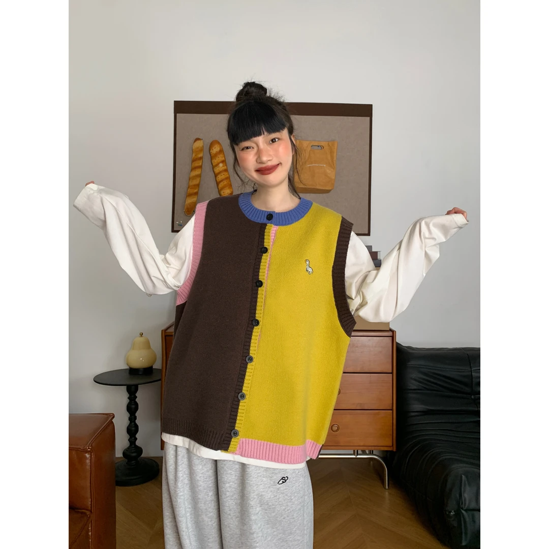 撞色显白针织马甲女韩版2025秋冬新款宽松百搭显瘦毛衣叠穿背心潮