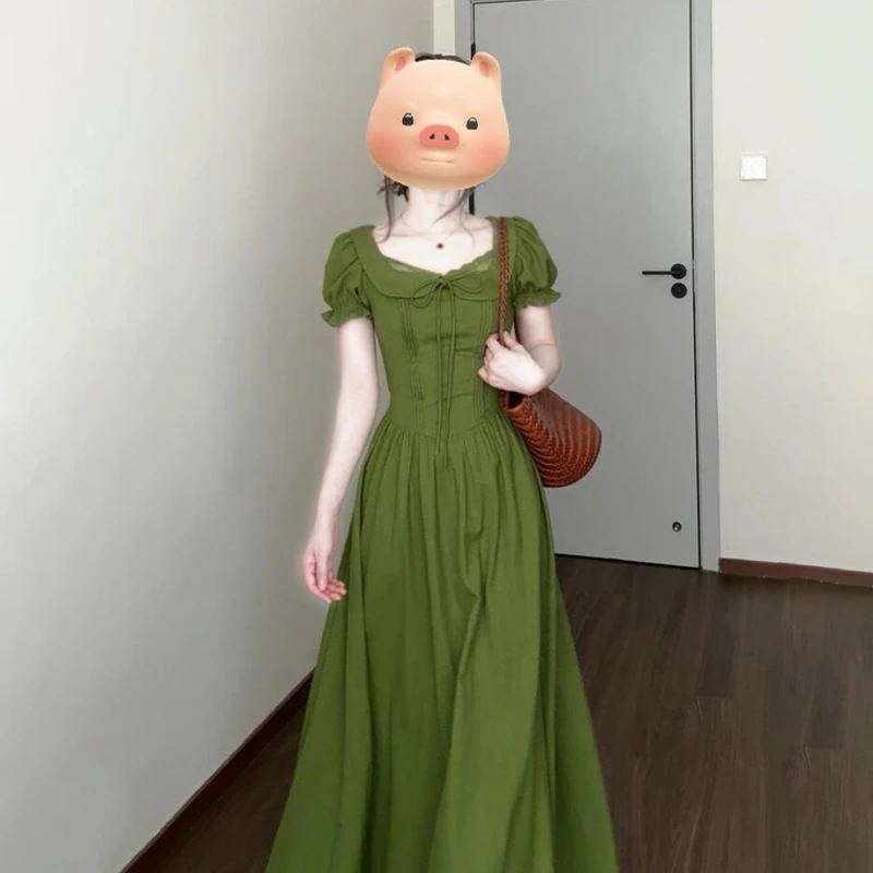 南洋大小姐~法式复古泡泡袖收腰绿色连衣裙夏季2025新款长裙3414