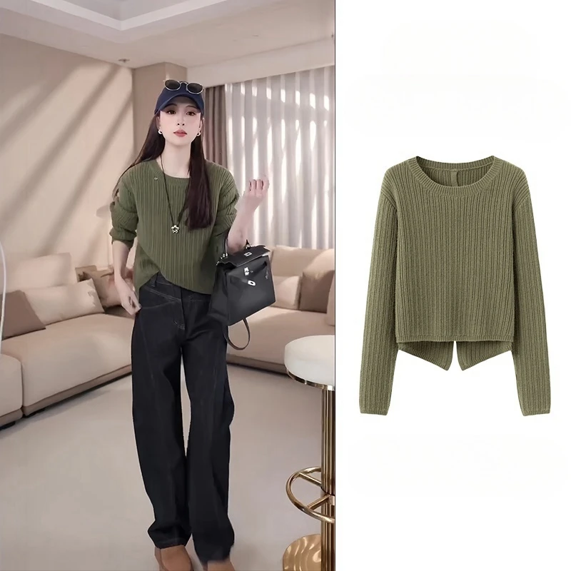 2025春季新款设计感后开叉长袖百搭套头针织上衣女气质显瘦毛衣
