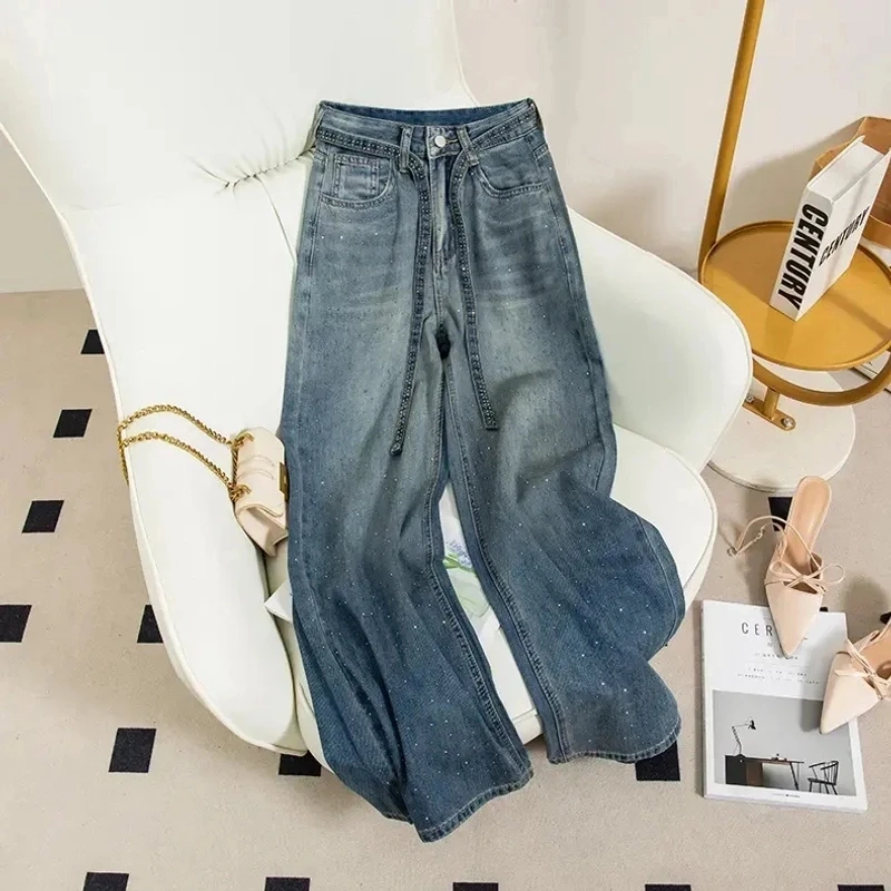 【现货+运费险】新时尚烫钻满天星阔腿牛仔裤女宽松显瘦直筒裤
