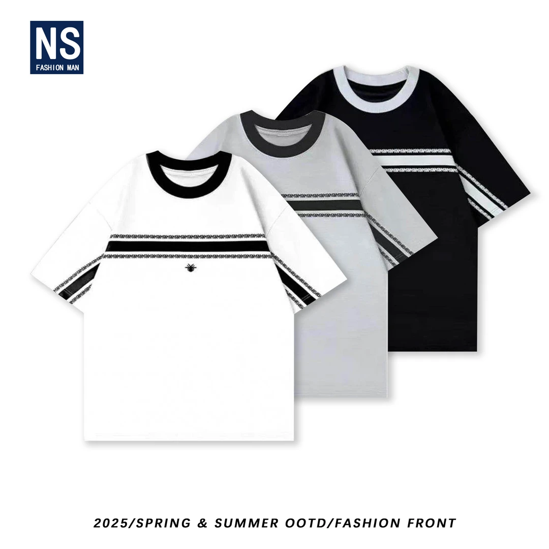 【NS】夏季新款印花刺绣简约纯色圆领撞色短袖T恤72116