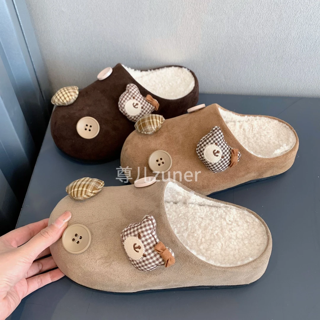 尊儿2025年冬新款加绒加厚INS半拖圆头卡通设计防滑韩版保暖女鞋