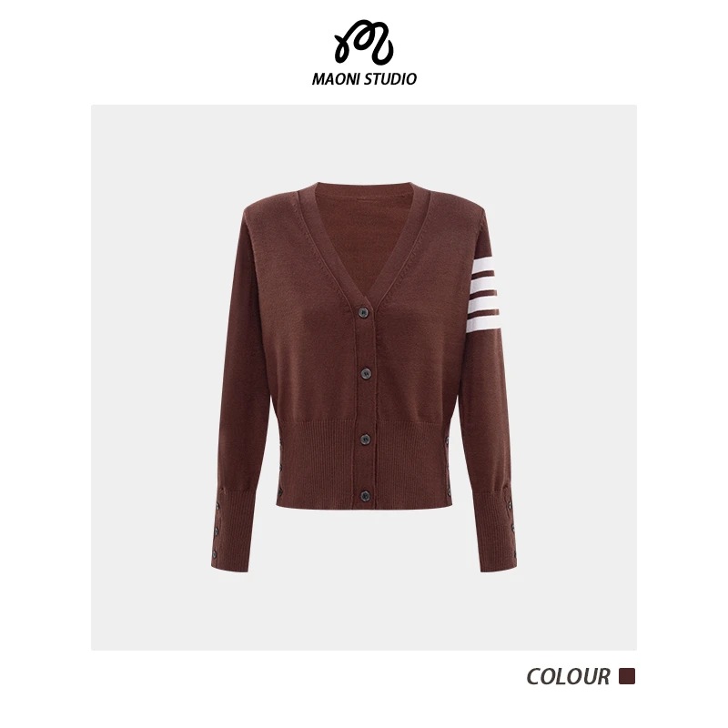 毛妮LADIESFIRST秋冬新款V领修身针织开衫女条纹设计感外套L2670