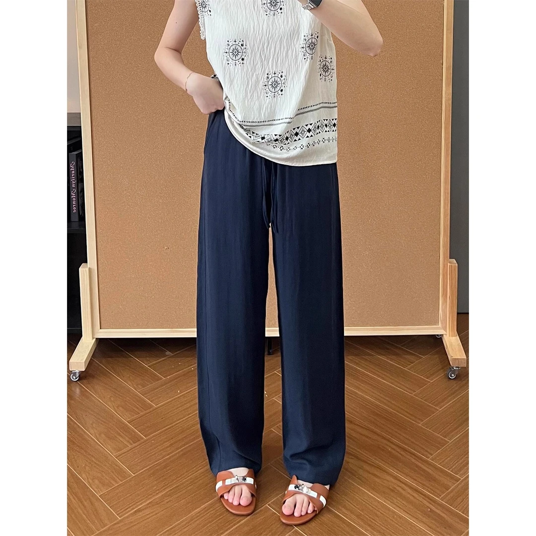 藏青色亚麻休闲裤女夏薄款大码胖mm高腰显瘦小个子冰丝直筒阔腿裤