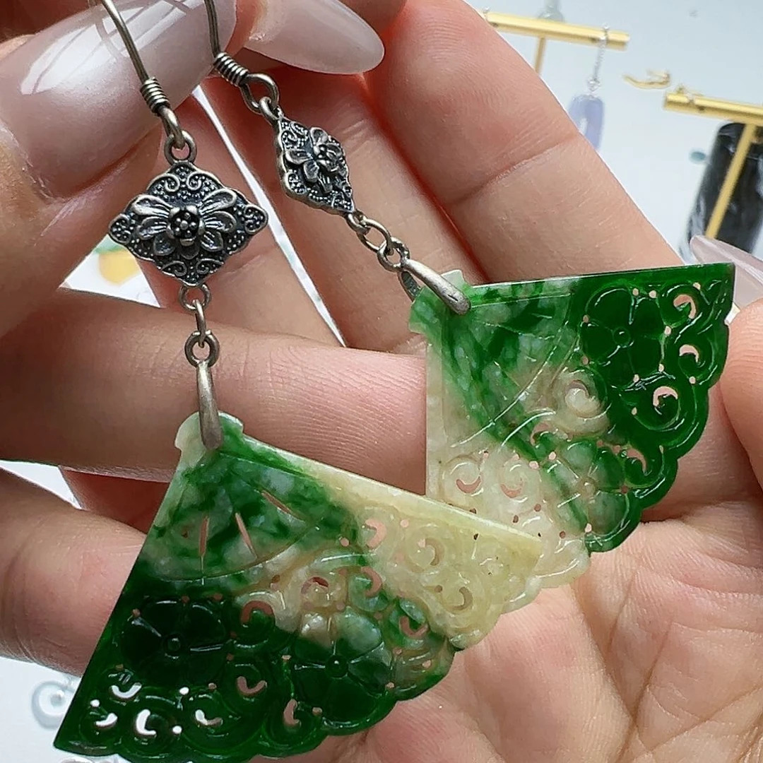 银S925镶嵌翡翠耳饰杰****茶天然缅甸A货翡翠