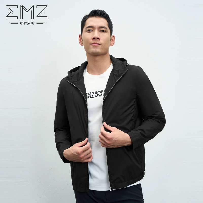 EMZ鄂尔多斯纯色男士商务休闲百搭户外透气修身防晒时尚连帽外套