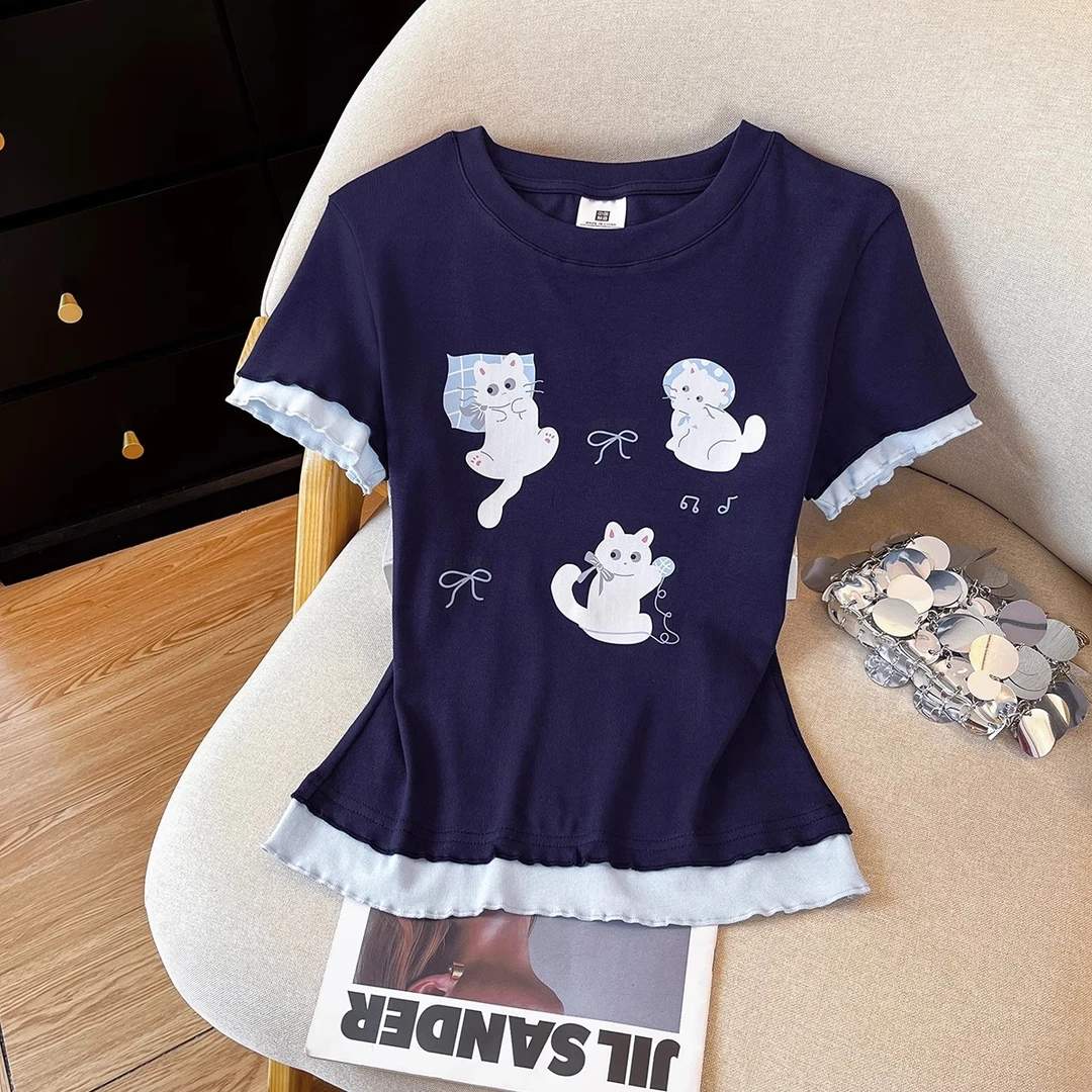 原创藏蓝正肩短袖t恤女夏季假两件猫咪印花小个子设计感圆领上衣