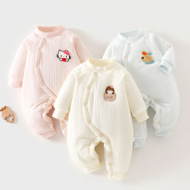 【高档】冬季婴儿连体棉袄夹棉加厚150g新生儿棉服偏扣宝宝棉衣