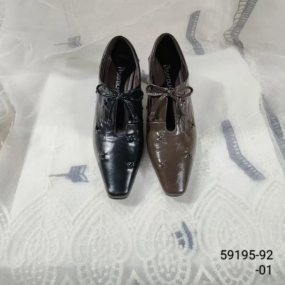 新款方头时尚细跟高跟鞋深口蝴蝶结单鞋及踝靴