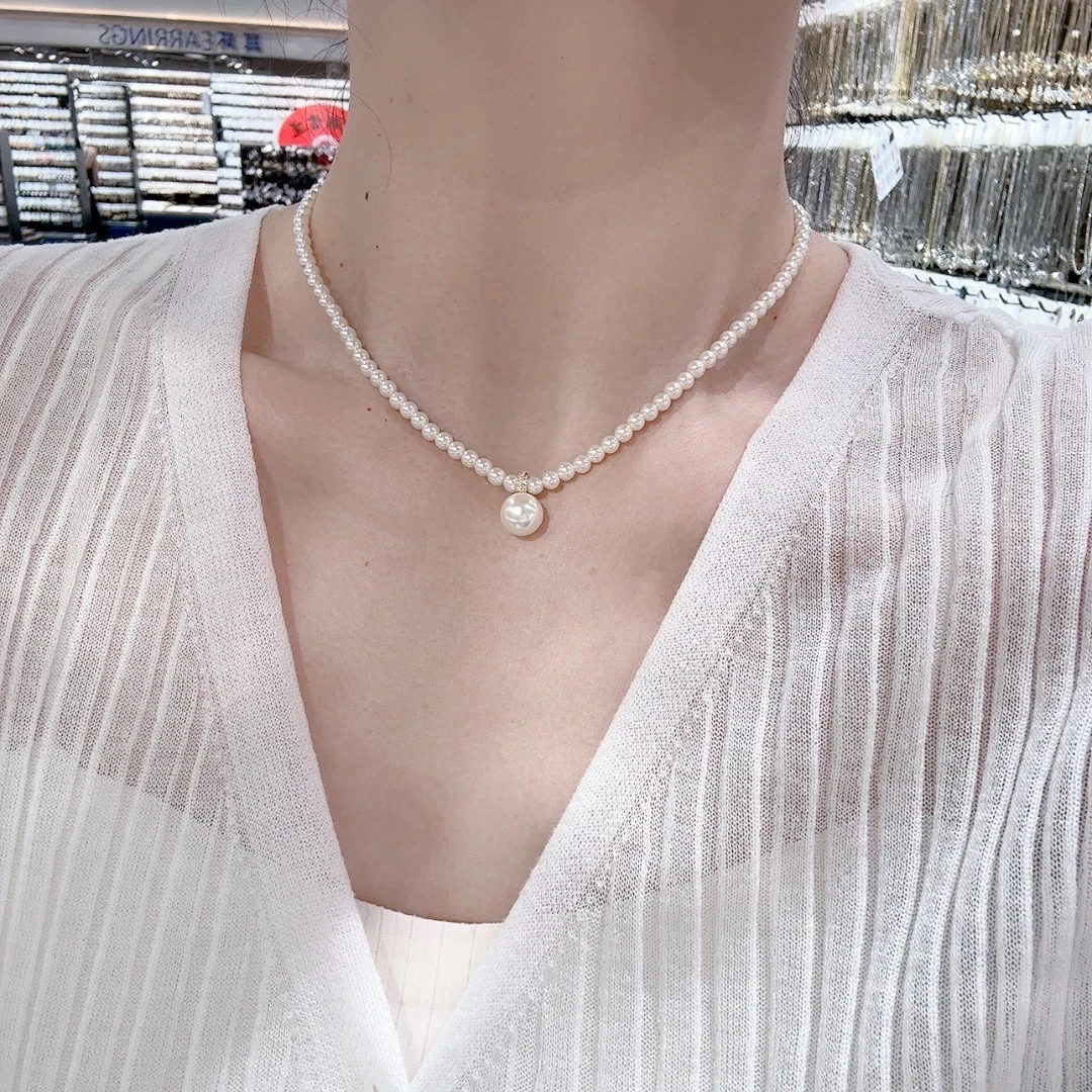 铜合金仿珍珠项链 2025春夏新款罗盘吊坠3mm小米珠锁骨项链法式