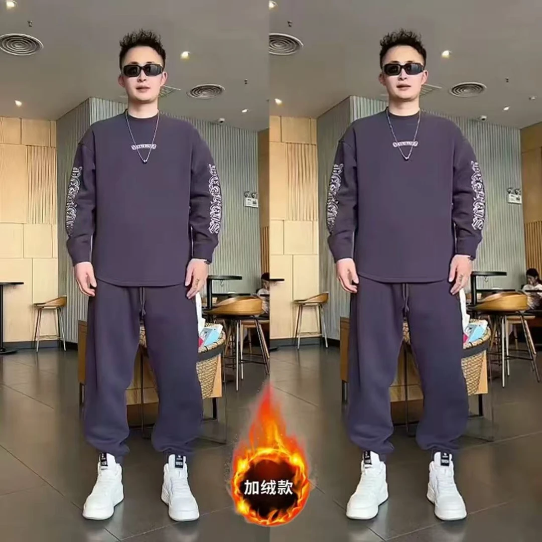 秋冬加绒休闲运动套装男时尚潮牌帅气印花圆领卫衣卫裤搭配一整套