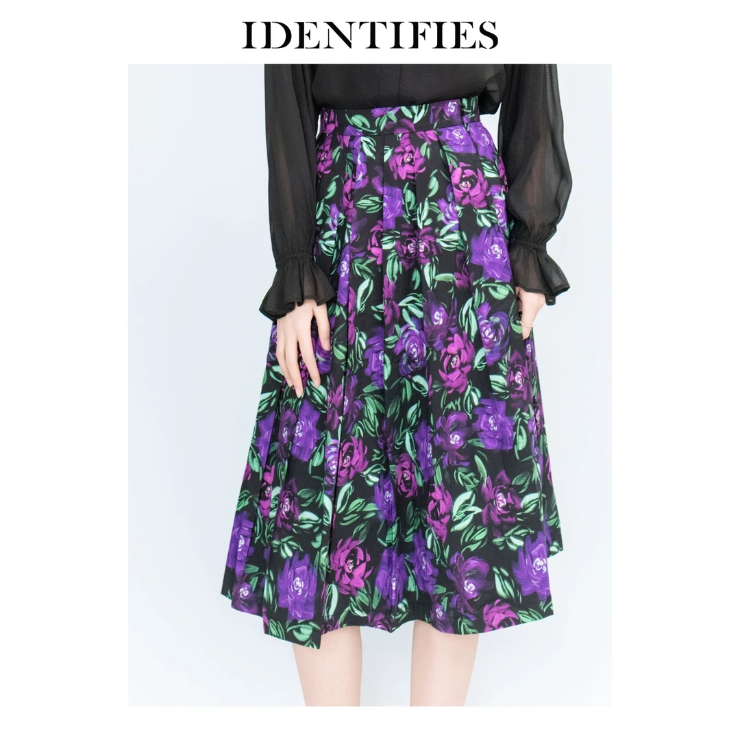 IDENTIFIES/易缔媤碎花半身裙印花时尚A字春夏紫色百褶D23082