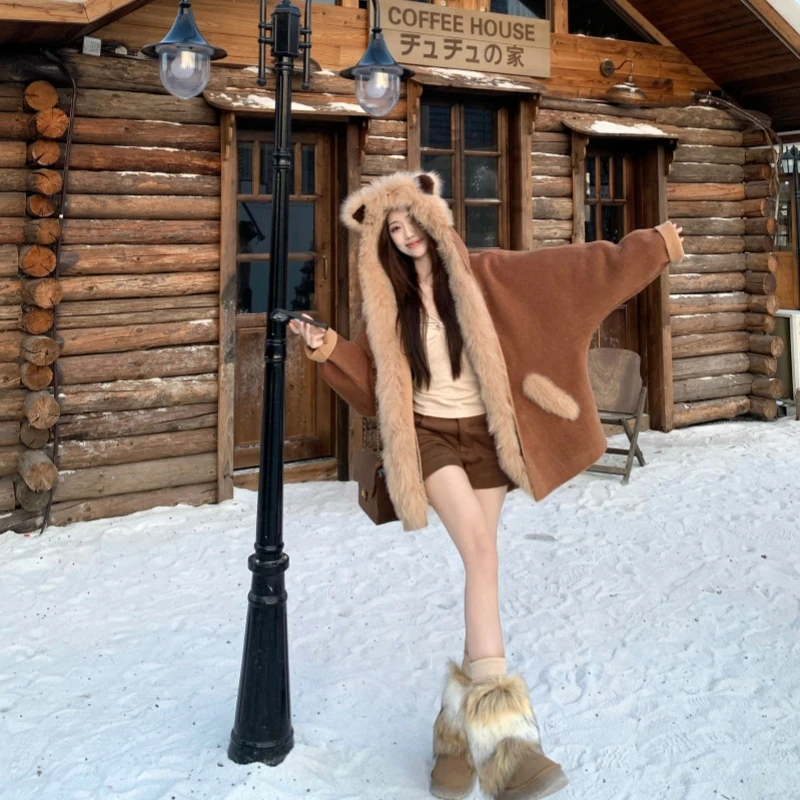 狐狸毛连帽双面呢大衣可拆卸毛领可爱羊毛外套2025冬季新款