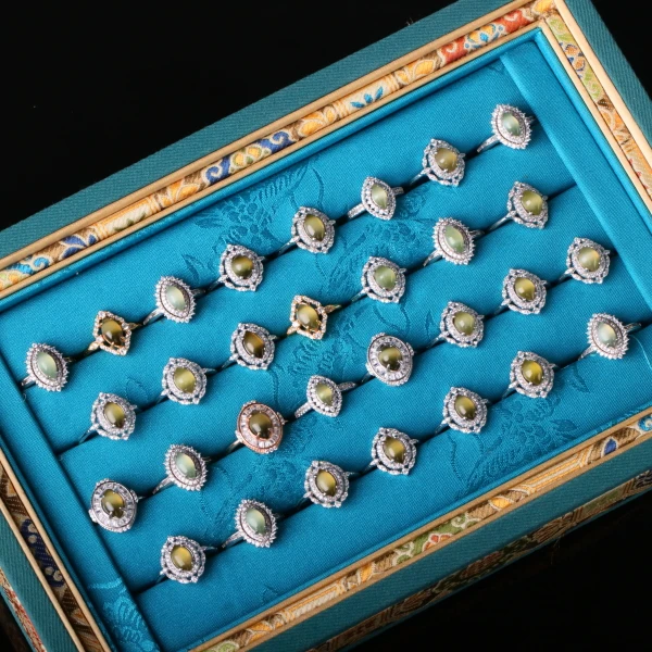 【泓贝珠宝-M690】和田玉碧玉猫眼蛋面可调节戒指多样性发其一