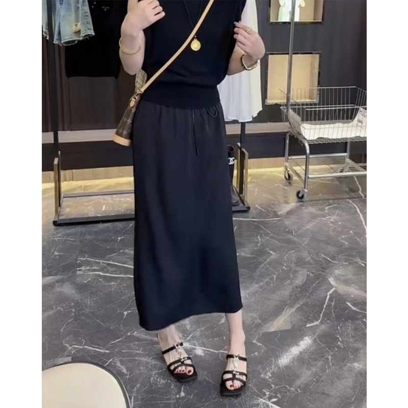 黑色中长款高腰直筒垂感半身裙女薄款夏季后开叉显瘦大码A字半裙