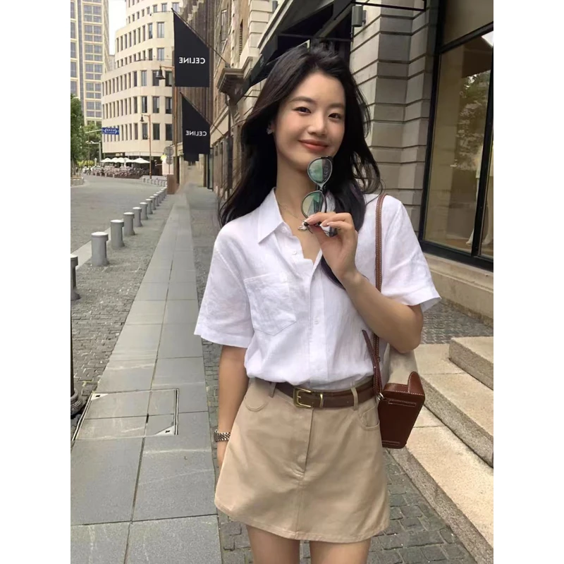 [亚麻白衬衫衬衫]时尚百搭白衬衫夏季休闲新款女