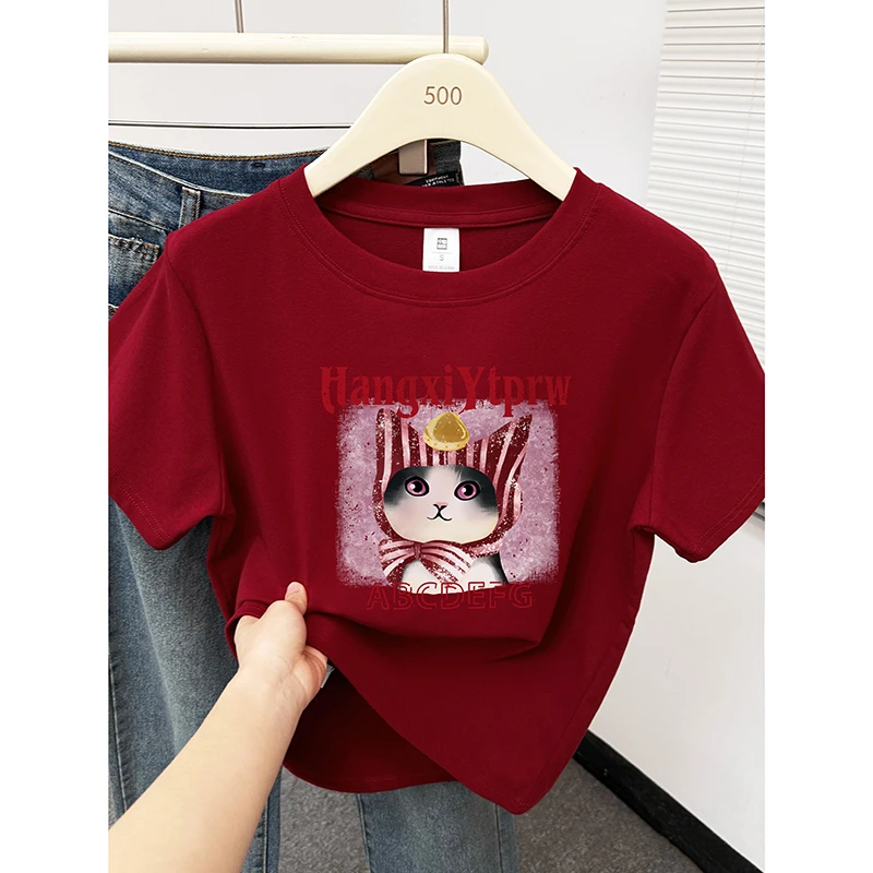 猫咪印花圆领短袖T恤女夏装大码胖MM正肩时尚潮牌显白红色上衣ins