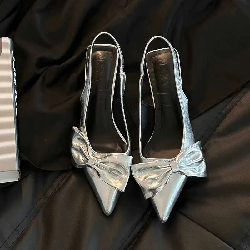 英伦风蝴蝶结银色高跟鞋仙女配裙子包头凉鞋春季气质细跟尖头单鞋