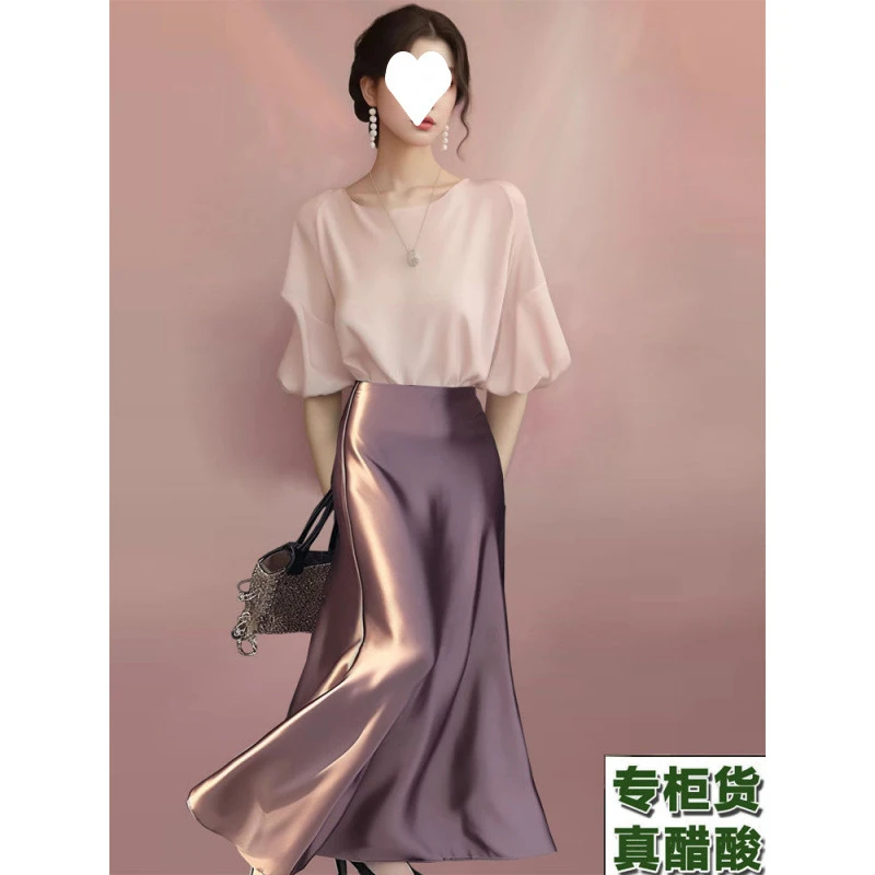 醋酸高级感轻奢夏季连衣裙女神粉色优雅洋气显瘦上衣套装