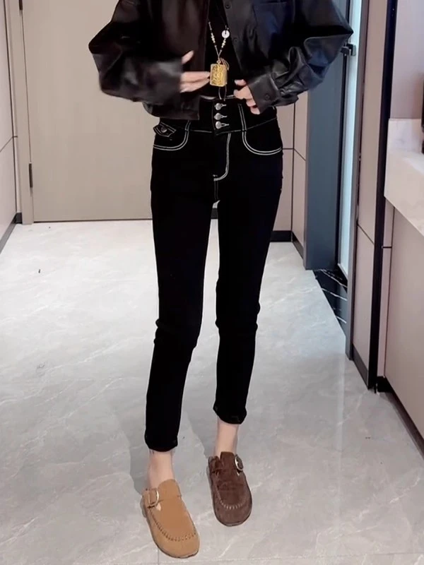 大码女装复古明线设计小脚牛仔裤女2025秋季新款修身九分铅笔裤子