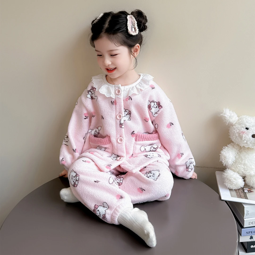 女童法兰绒睡衣女孩秋冬款2025新款儿童珊瑚绒宝宝开衫套装家居服