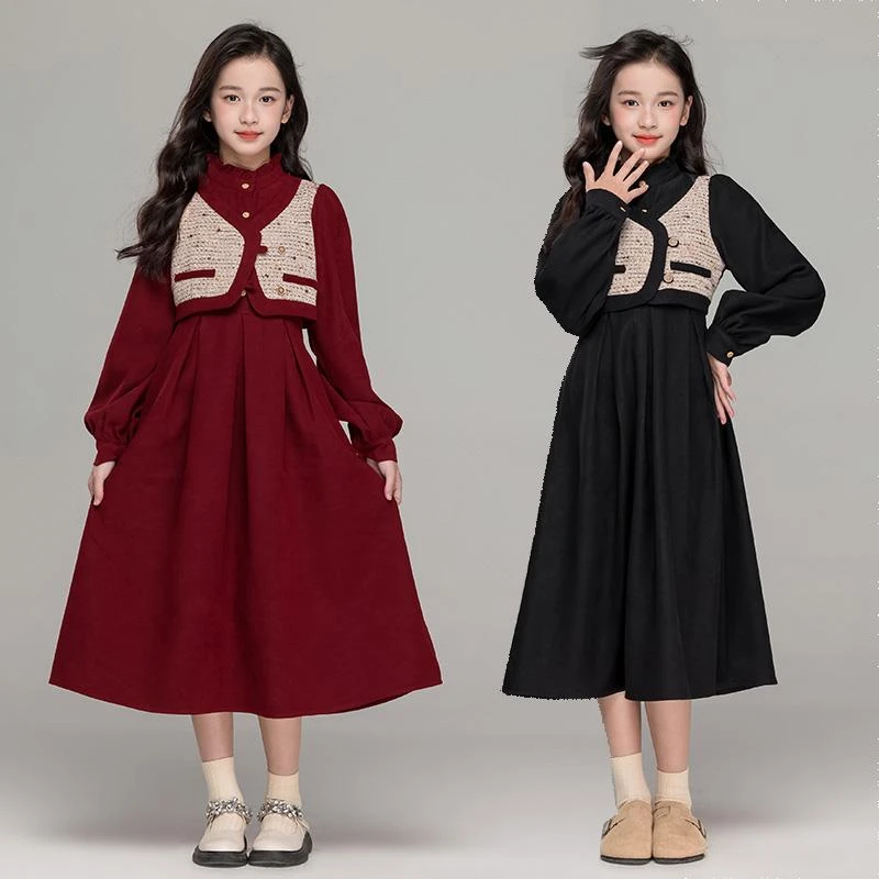 中大女童假两件加绒红色洋装2025新款气质小香风长裙洋派秋冬装
