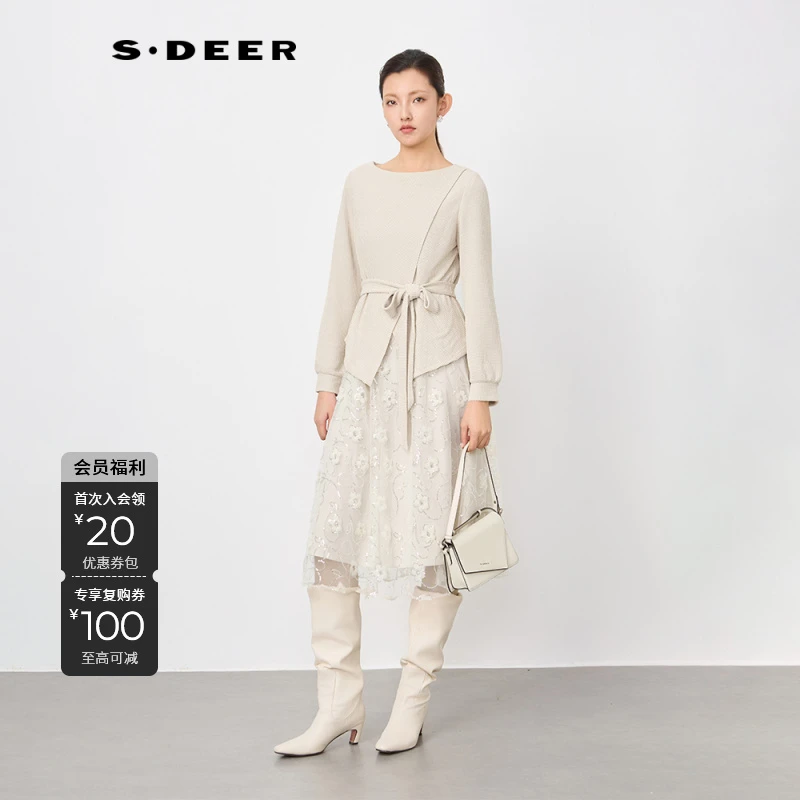 S·DEER圣迪奥秋季时尚轻奢法式百搭气质蕾丝女装连衣裙S243Z12D3