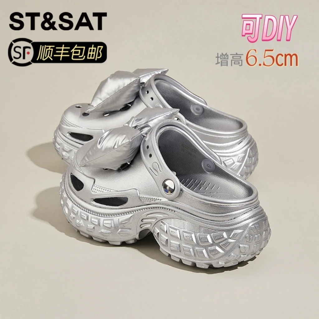 星期六银色蝴蝶结DIY洞洞鞋女秋季外穿甜美两穿半拖鞋踩屎感凉拖