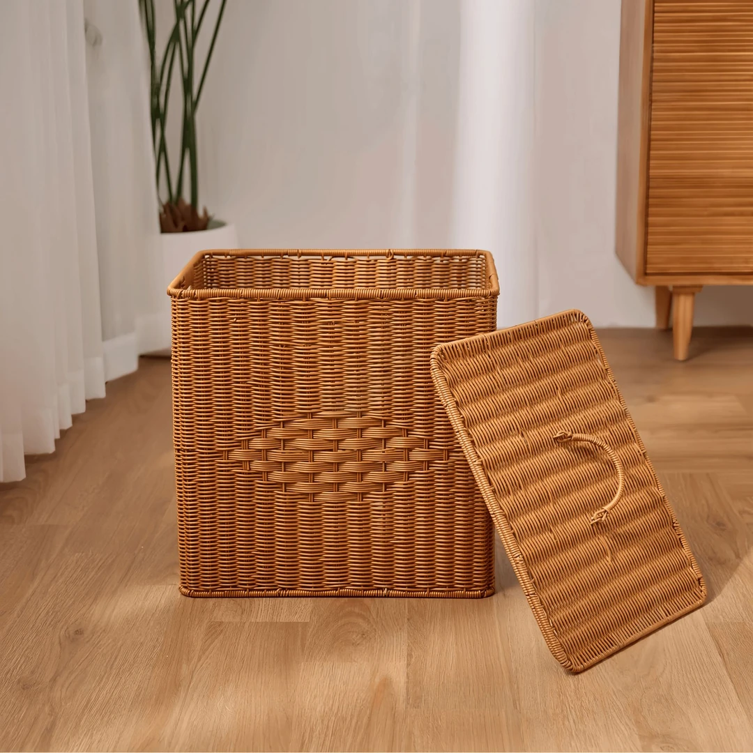 XY18手工编织带盖收纳箱浅咖色客厅宿舍家用衣服玩具杂货44*43