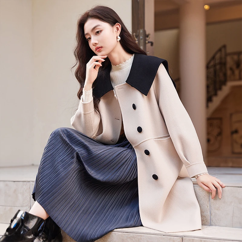 V634690毛呢外套 香影双面呢大衣女2024秋冬新款中长呢子大翻领