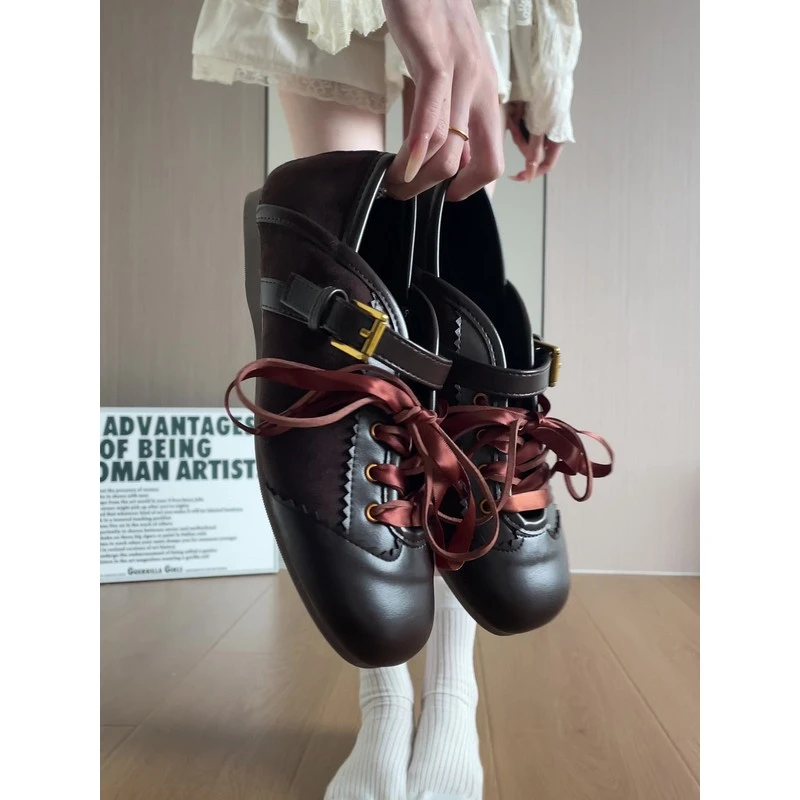 韩版复古芭蕾舞鞋女外穿2025秋季新款系带棕色单鞋平底玛丽珍女鞋