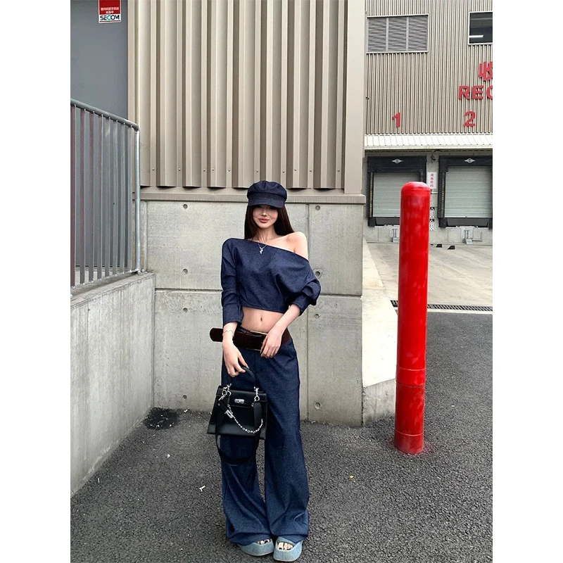 韩系高级感宽松斜肩长袖上衣女2025秋季新款高腰直筒宽松休闲长裤