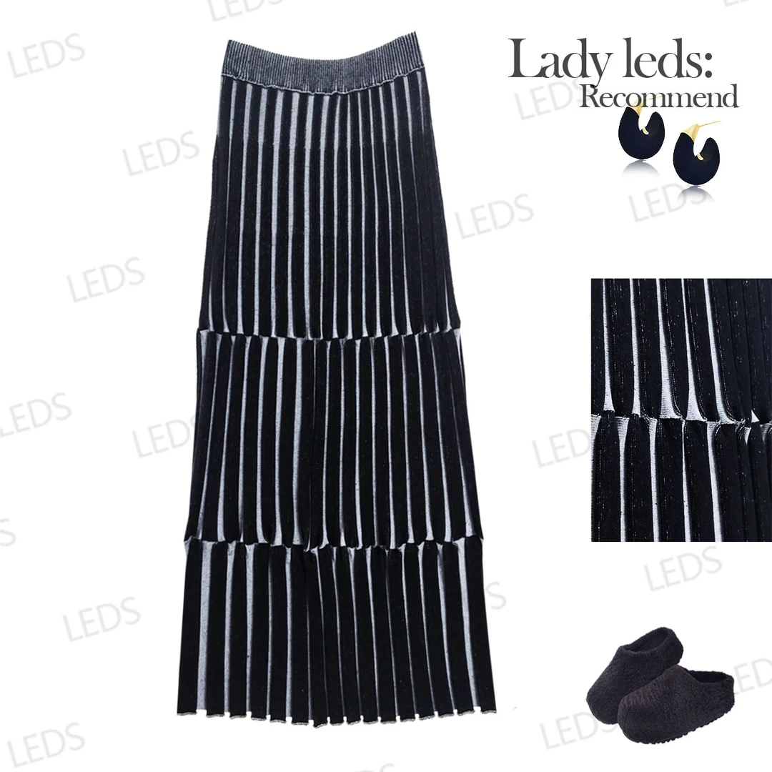 LEDS  2124早春显瘦竖条纹丝绒百褶高腰收腰垂感裙摆裙半身裙