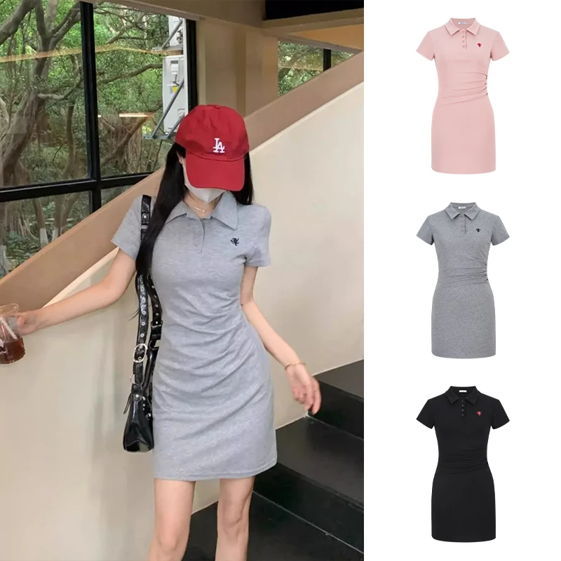 Moses Queen/魔西女王polo领连衣裙正肩收腰短袖裙子显瘦包臀裙夏