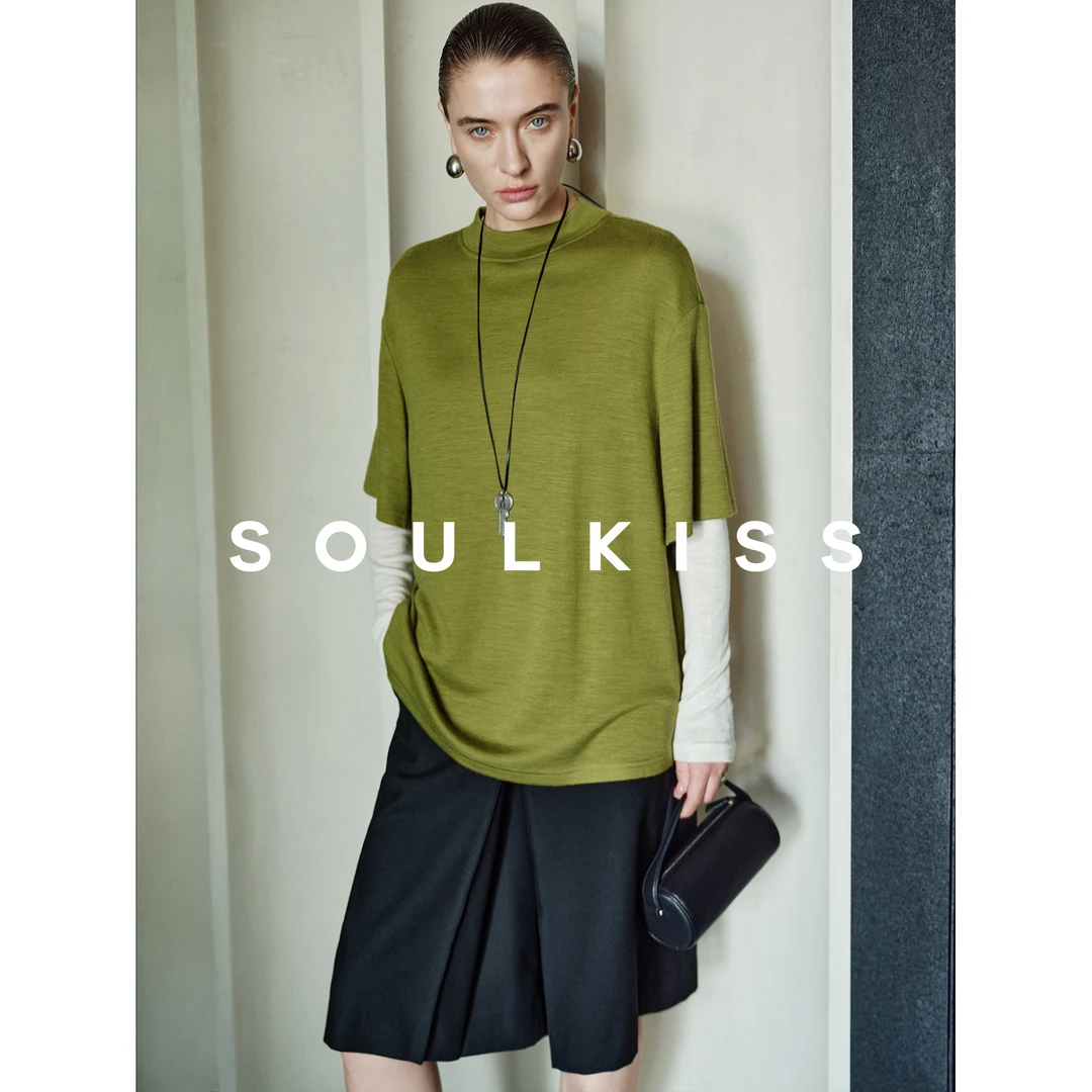 SOULKISS芜限回购 时髦懒人可水洗羊毛宽松半高领纸片人针织T恤