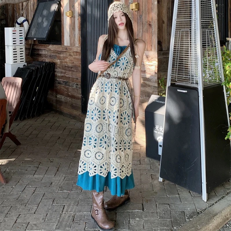 多种搭配~波西米亚风云南大理旅游套装度假吊带连衣裙叠穿罩衫裙