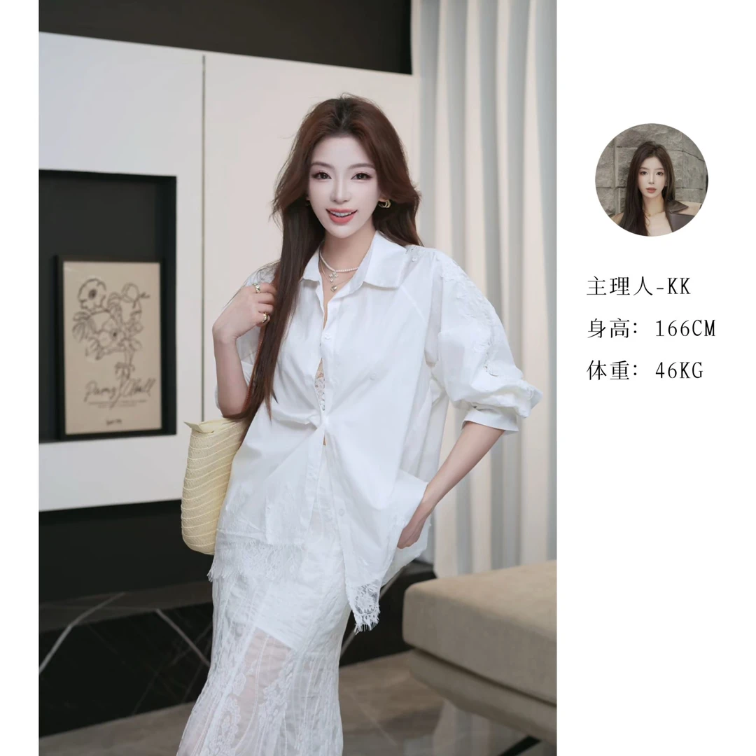 重工拼接 水溶蕾丝衬衫+蕾丝半裙 L 8574#