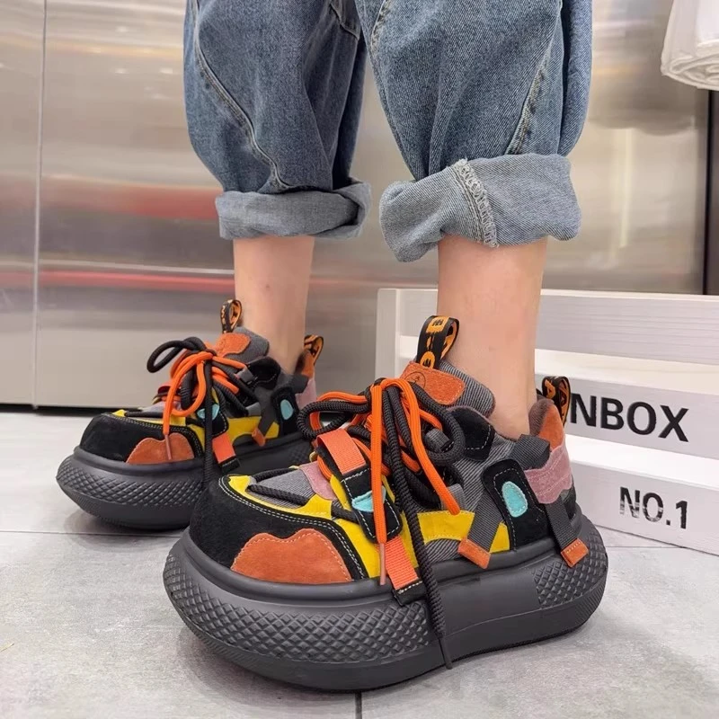 欧货2025冬季加绒厚底面包鞋女小众拼色系带休闲鞋增高松糕鞋潮