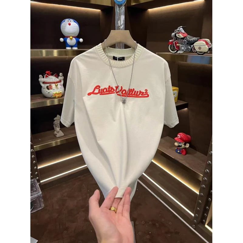 夏季上新轻奢时尚潮流百搭纯色字母刺绣宽松透气男女同款T恤  私